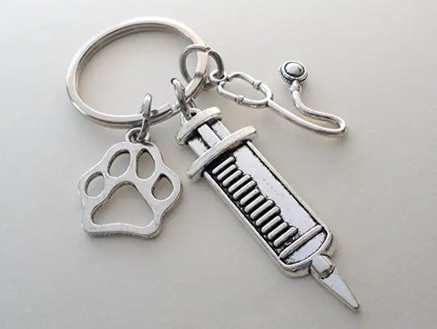 Veterinarian Appreciation Keychain, Veterinary Hospital Staff Gift, Pet & Animal Care Medical Professional; Paw Print, Syringe & Stethoscope Charm Keychain by Jewelry Everyday