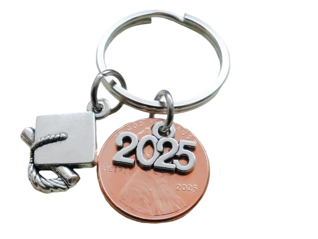 Graduation Penny Keychain with 2025 Charm Over a 2025 Penny & Graduate Cap Charm, Class of 2025