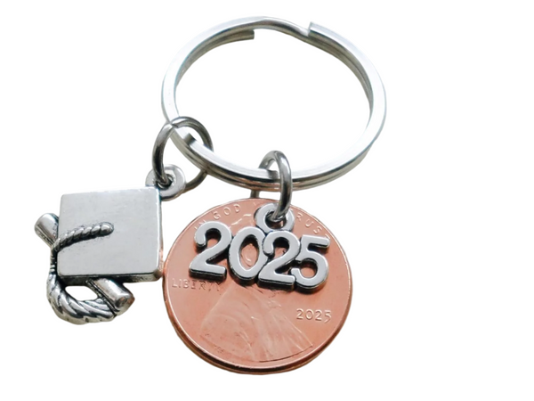 Graduation Penny Keychain with 2025 Charm Over a 2025 Penny & Graduate Cap Charm, Class of 2025