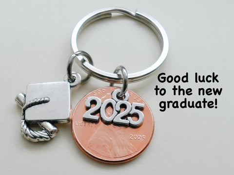 Graduation Penny Keychain with 2025 Charm Over a 2025 Penny & Graduate Cap Charm, Class of 2025