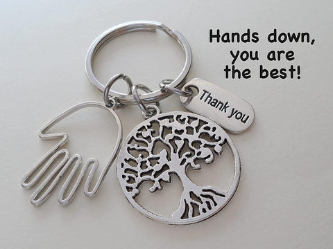 Tree Charm Keychain with Hand Charm, and Thank You Charm, Teacher, Employee, or Volunteer Appreciation Keychain by Jewelry Everyday