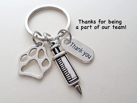Veterinarian Appreciation Keychain, Veterinary Hospital Staff Gift, Pet & Animal Care Medical Professional; Paw Print, Syringe & Thank You Charm Keychain by Jewelry Everyday
