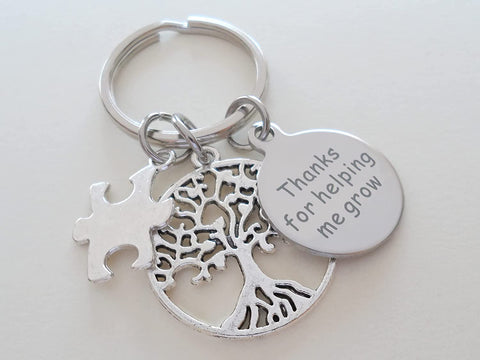 Thanks for Helping Me Grow Engraved Disc with Tree & Puzzle Charm Keychain Gift, Teacher or Therapist Appreciation by Jewelry Everyday