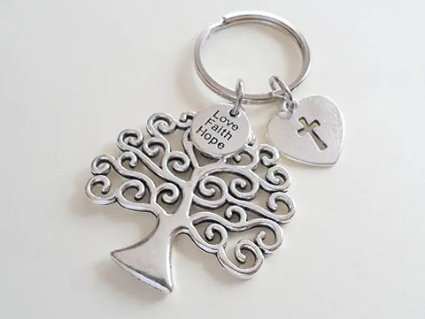 Tree Keychain with Heart Tag with a Cross & Small Love Faith Hope Disc Charm, Religious Keychain by Jewelry Everyday