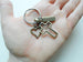 Bronze Cross Charm Keychain with Heart Charm & Word Tag Charm, Religious Keychain (Blessed Tag)