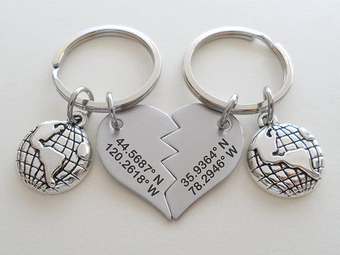 Custom Engraved Coordinates Connecting Keychain Set with Globe Charms, Steel Tags, Anniversary Gift Keychains, Long Distance Relationship GPS Keychains by Jewelry Everyday