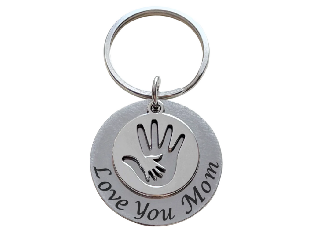 Custom Engraved Steel Disc Keychain with Hand in Hand Circle Charm; Gift for Mother's or Caretakers