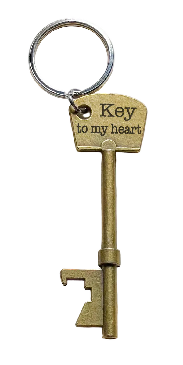 Bronze Key Charm Bottle Opener Keychain with Custom Engraving; Couples Anniversary Keychain