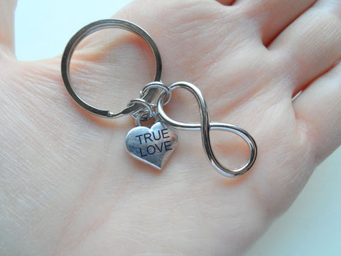 "True Love" Heart Charm with Infinity Symbol Charm Keychain - You and Me for Infinity; Couples Keychain by Jewelry Everyday