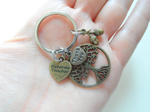 Teacher Appreciation Gift - "Awesome Teacher" Heart Tag, Bronze Tree, Seeds & "Thank You" Heart Charms Keychain with "Teachers plant seeds that grow forever" Card by Jewelry Everyday