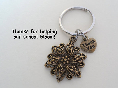 Teacher Appreciation Gift - "Thank You" Tag & Bronze Flower Charm Keychain with "Thanks for helping our school bloom!" Card by Jewelry Everyday
