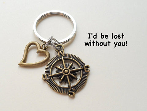 Bronze Open Metal Compass Keychain with Heart Charm - I'd Be Lost Without You by Jewelry Everyday
