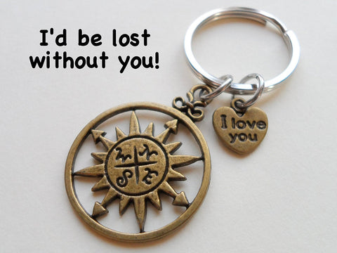 Bronze Sun Compass Keychain with "I Love You" Heart Charm - I'd Be Lost Without You; Couples Keychain by Jewelry Everyday