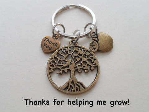 Teacher Appreciation Gift - "Thank You" Tag, Bronze Tree Charm, & Apple Charm Keychain with "Thanks for helping me to grow!" Card by Jewelry Everyday