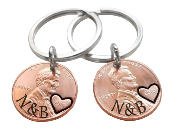 Personalized Set of 2 Penny Keychains Custom Engraved with Heart Around The Year and Selected Font