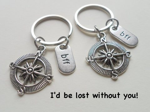 Double BFF Open Metal Compass Keychains - I'd Be Lost Without You; Best Friends Keychain Gift by Jewelry Everyday