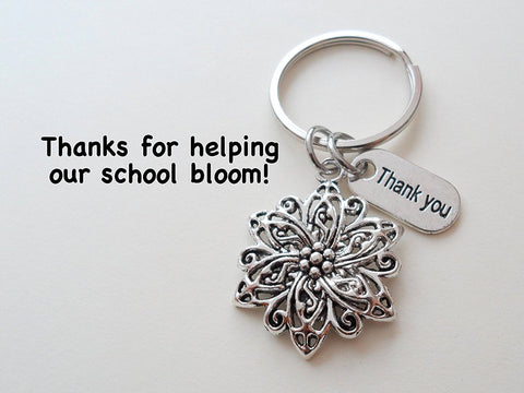 Teacher Appreciation Gift - "Thank You" Tag & Flower Charm Keychain with "Thanks for helping our school bloom!" Card by Jewelry Everyday