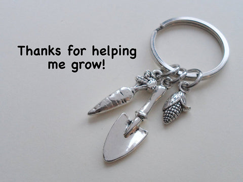 Teacher Appreciation Gift - "Thanks for helping me grow!" Shovel, Carrot, & Corn Keychain by Jewelry Everyday