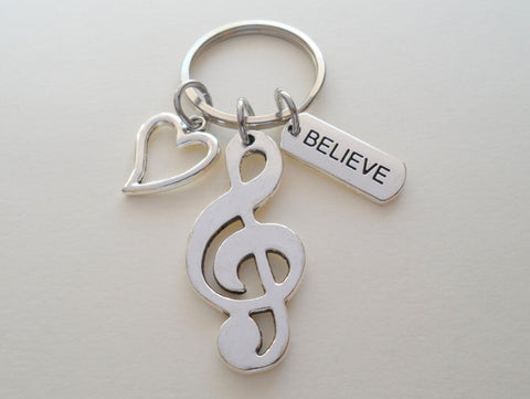Treble Clef, Believe, & Heart Charm Keychain, Musician Keychain, Music Teacher, School Staff, or Volunteer by Jewelry Everyday