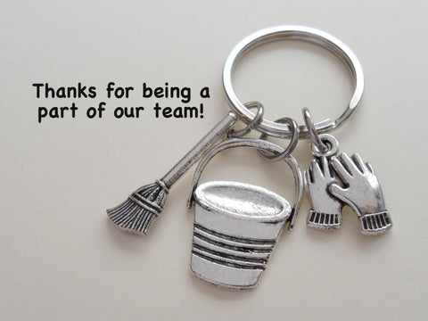 Housekeeping Appreciation Gift Keychain; Bucket, Broom, Work Gloves Charm Keychain by Jewelry Everyday