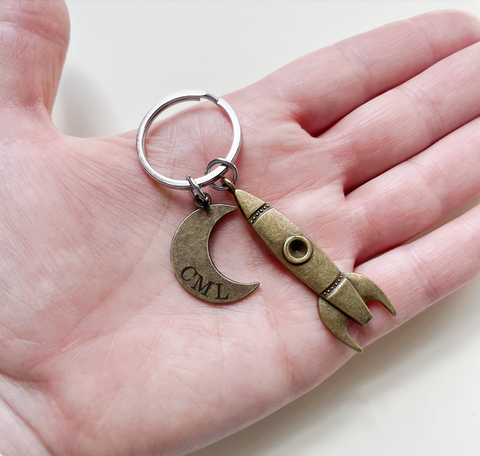 Bronze Spaceship Rocket Keychain with Custom Engraved Moon Tag, Astronautical Key Chain by JewelryEveryday