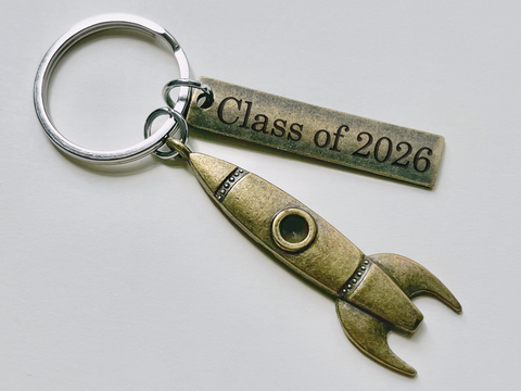Bronze Spaceship Rocket Keychain with Custom Engraved Tag, Astronautical Key Chain by JewelryEveryday