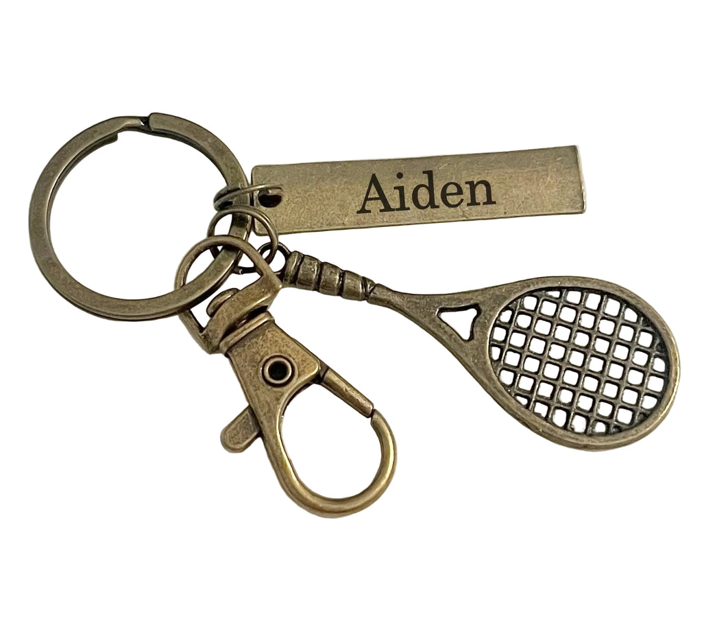 Bronze Tennis Charm Keychain with Custom Engraved Tag & Clasp, Tennis Racquet, For Student or Coach