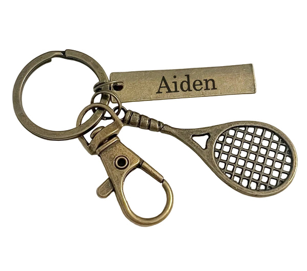 Bronze Tennis Charm Keychain with Custom Engraved Tag & Clasp, Tennis Racquet, For Student or Coach