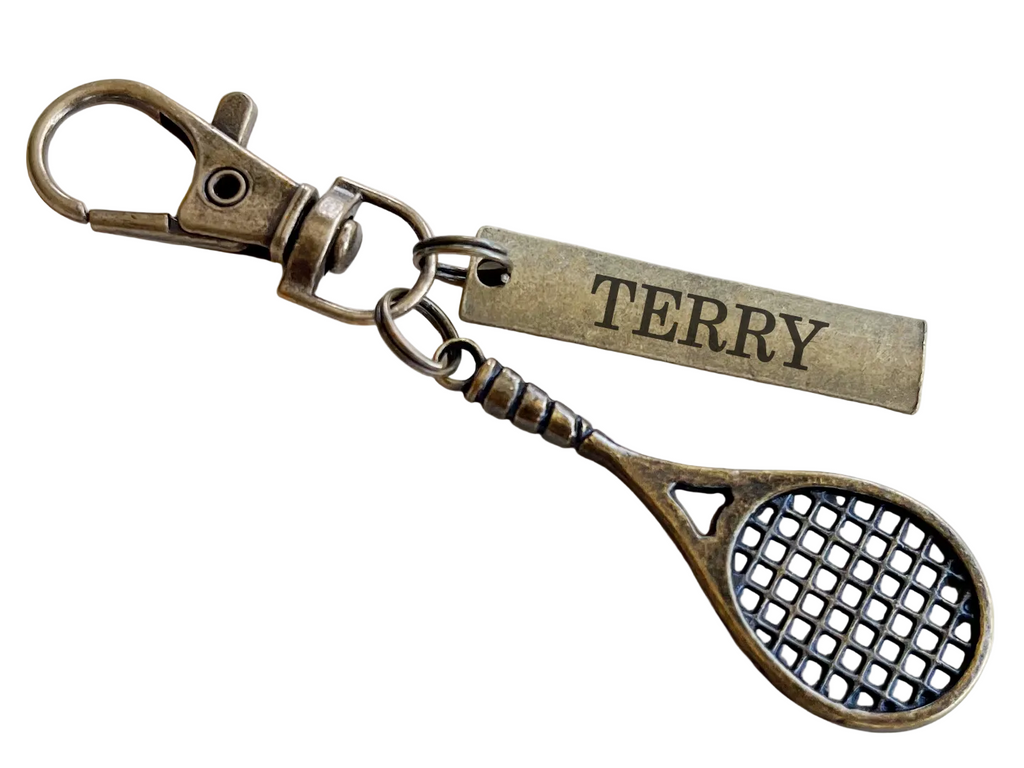 Bronze Tennis Charm Keychain with Custom Engraved Tag & Clasp, Tennis Racquet, For Student or Coach