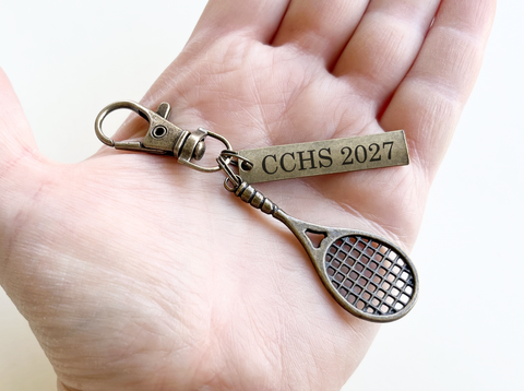 Bronze Tennis Charm Keychain with Custom Engraved Tag & Clasp, Tennis Racquet, For Student or Coach