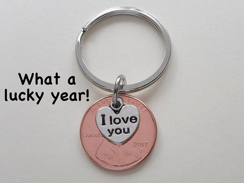 2017 Penny Keychain - Couples 8 Year Anniversary Gift with "I Love You" Heart Charm, from JE by Jewelry Everyday