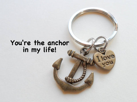 "I Love You" Heart Charm with Bronze Anchor Keychain - You're the Anchor in my Life; Couples Keychain by Jewelry Everyday