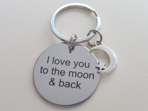 "I Love You to the Moon & Back" Stainless Steel Saying Disc Keychain with Moon Charm by Jewelry Everyday