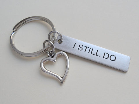 "I Still Do" Engraved Stainless Steel Tag Keychain with Heart Charm; 11 Year Anniversary Couples Keychain by Jewelry Everyday