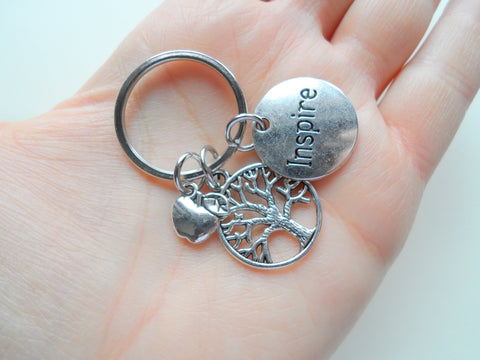 Teacher Appreciation Gift - "Inspire" Disc, Tree & Apple Charm Keychain with "Thanks for helping me grow!" Card by Jewelry Everyday
