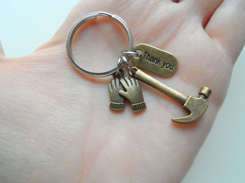 Bronze Hammer, Work Gloves, & Thank You Charm Keychain, Builder or Volunteer Appreciation Keychain by Jewelry Everyday