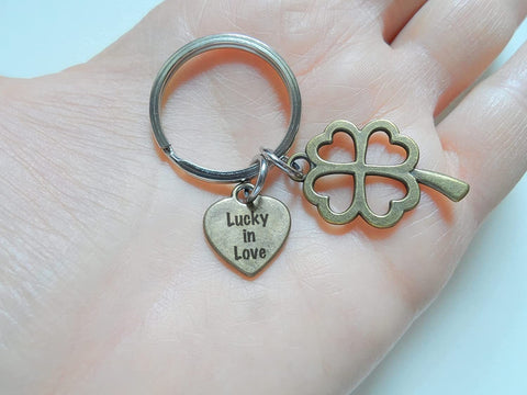 "Lucky in Love" Bronze Heart & Clover Charm Keychain, Anniversary Keychain, Couples Keychain by Jewelry Everyday