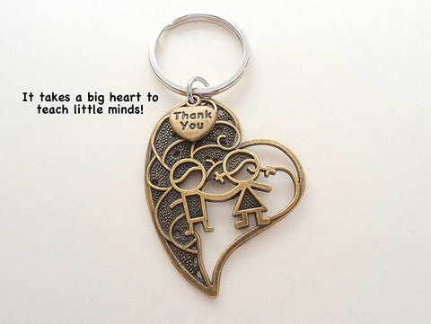 Teacher Appreciation Gift - "Thank You" Tag & Large Bronze Heart with Kids Keychain with "It takes a big heart to teach little minds!" Card by Jewelry Everyday