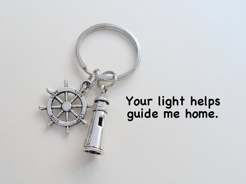 Lighthouse Keychain With Ships Helm - "Your Light Helps Guide Me Home" by Jewelry Everyday