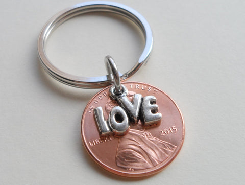 2015 Penny Keychain with Love Charm Layered Over; 10 Year Anniversary Gift, Couples Keychain by Jewelry Everyday