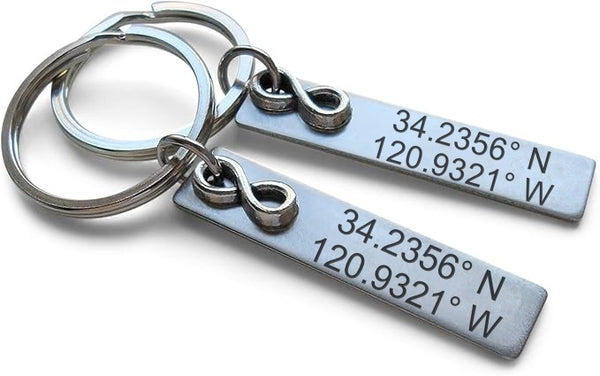 Couples Keychains Set with Infinity Charms and Custom Engraved Steel Tags
