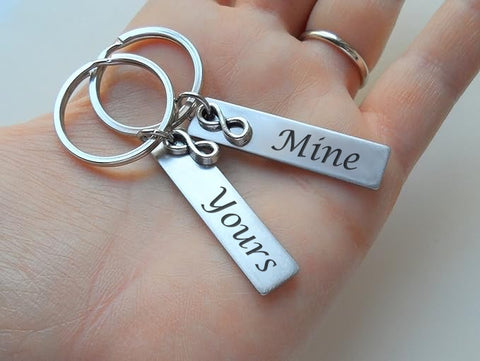 Couples Keychains Set, Infinity Charm and Engraved Steel Tag "Yours" and "Mine"