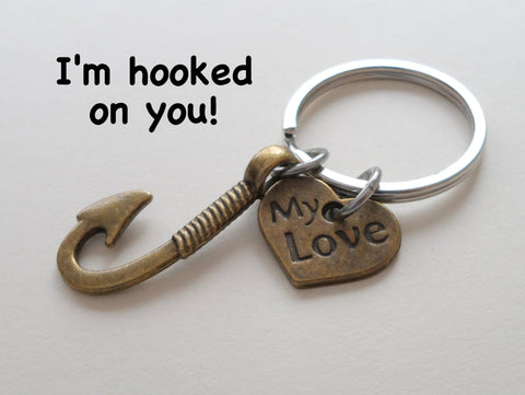 "My Love" Bronze Fish Hook Keychain - I'm Hooked on You; Couples Keychain by Jewelry Everyday