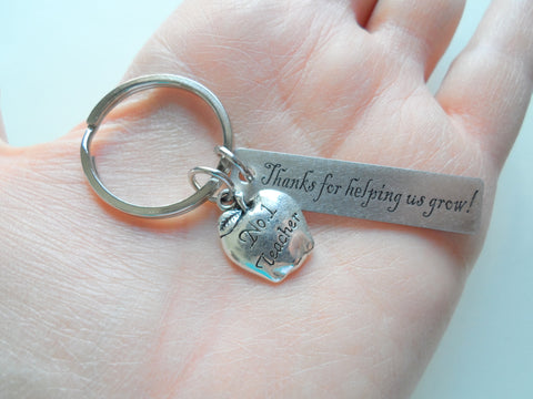 Teacher Appreciation Gift - "Thanks for helping us grow" Engraved Steel Rectangle Tag with No.1 Teacher Apple Charm Keychain by Jewelry Everyday