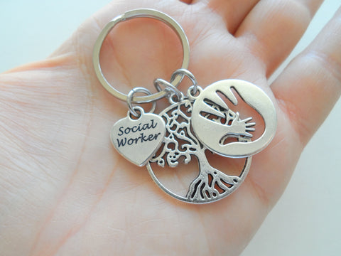 Social Worker Gift Keychain with Tree and Hand in Hand Disc Charm, Community Advocate Gift, Thank you Gift by Jewelry Everyday