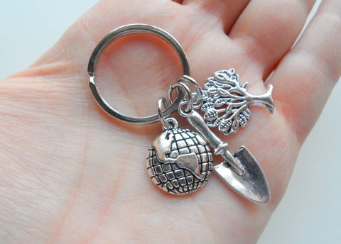 Volunteer Appreciation Gift - Planet Earth, Tree & Shovel Charms Keychain with "Making our Earth a better place" Card by Jewelry Everyday