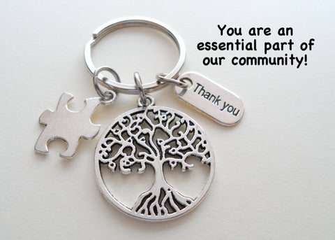 Volunteer Appreciation Gift - "Thank You" Tag & Puzzle Piece & Tree Charms with "You are an essential part of our community" Card by Jewelry Everyday