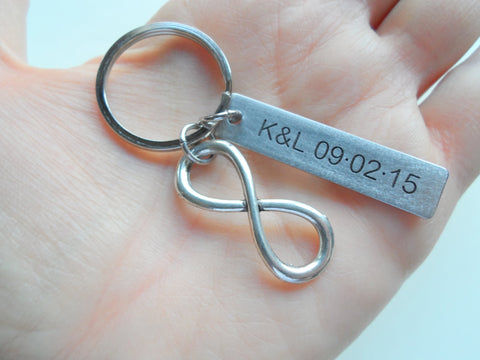 Custom Engraved Stainless Steel Tag Keychain and Infinity Symbol Charm Keychain; Couples Keychain by Jewelry Everyday