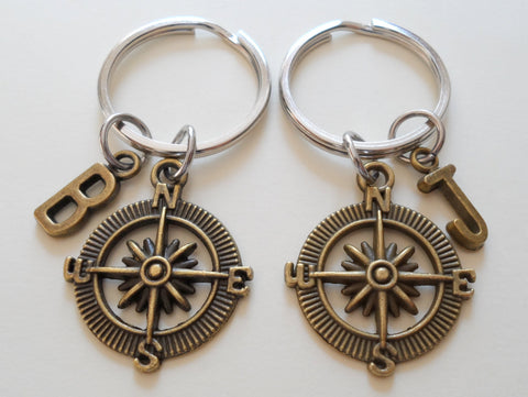 Personalized & Matching Couples/Friends Compass Keychains with Customizable Letter Charms by Jewelry Everyday
