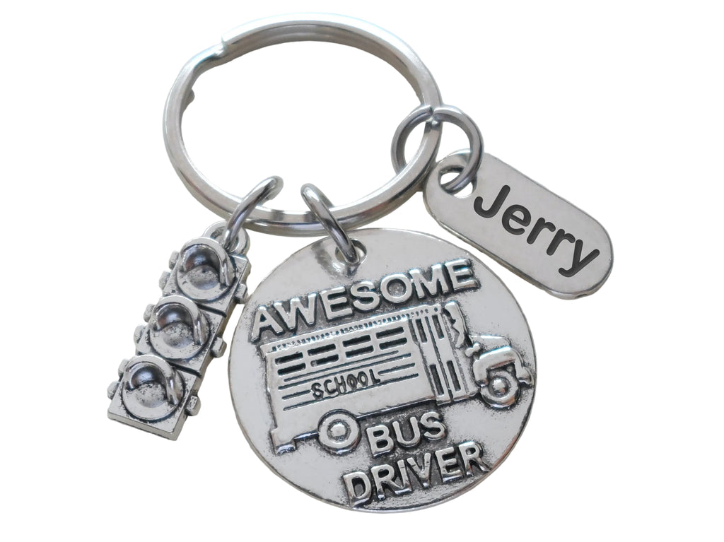Awesome School Bus Driver Appreciation Keychain with Traffic Light Charm & Custom Engraving on Thank You Tag by JewelryEveryday